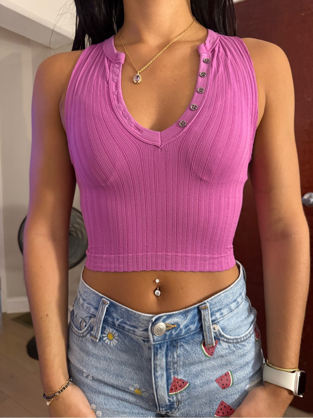 Urban Outfitters Ribbed V-Neck Crop Top in Bright Pink with Button Detail